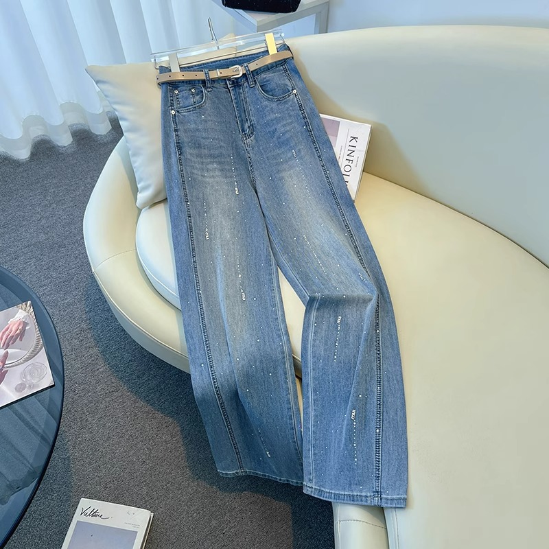 高端镶钻阔腿牛仔裤女春秋季2025新款宽松显瘦烫钻垂感窄版直筒裤详情2