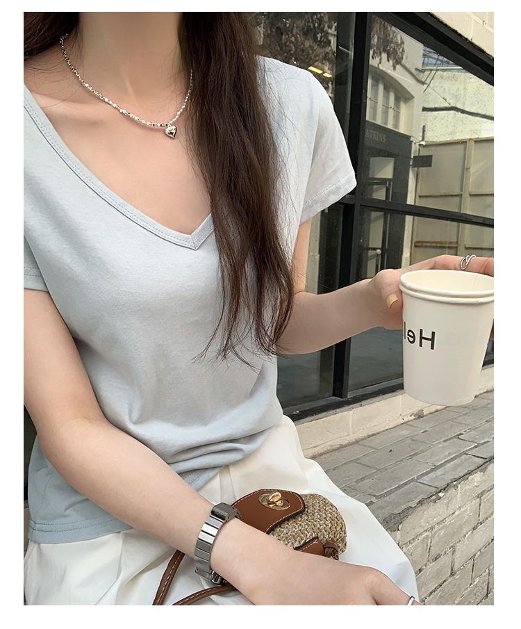 简约百搭V领纯色休闲短袖T恤女2024夏季新款轻薄透气宽松显瘦上衣详情29