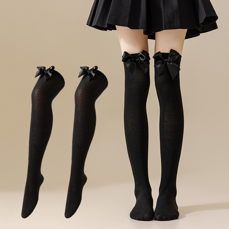 New European and American Halloween and Christmas knee-high socks, single-color striped thigh-high socks with bows, available in multiple colors pic 8