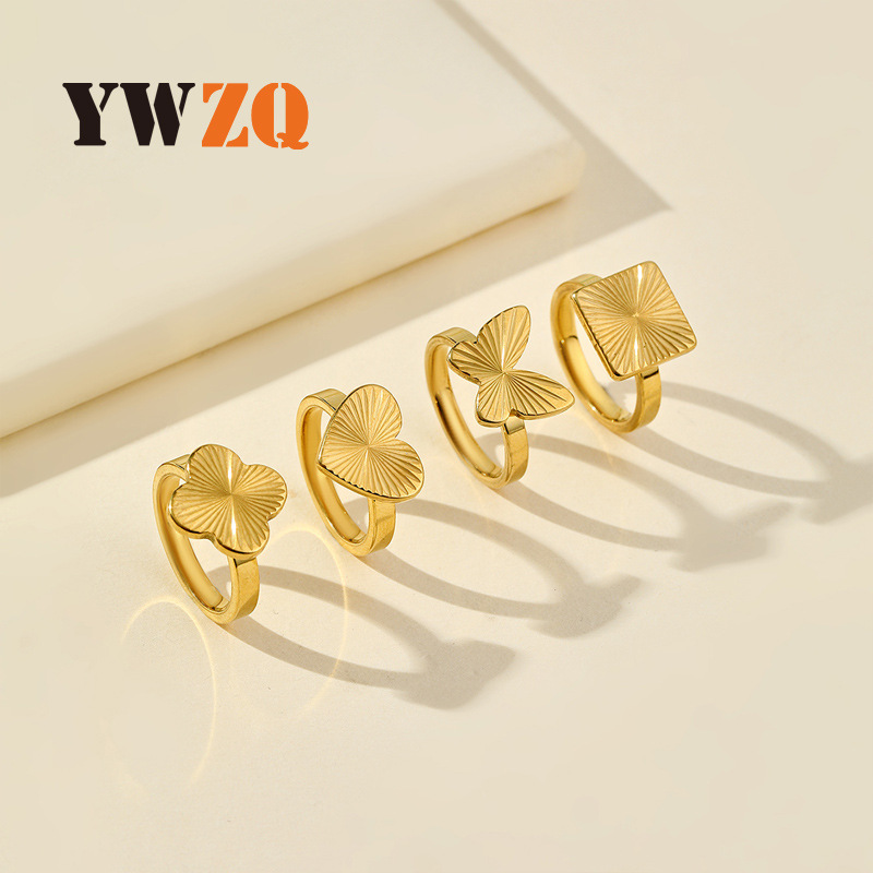 跨境钛钢戒指女小众高级金色纹路爱心 蝴蝶方形不锈钢饰品 厂家详情3