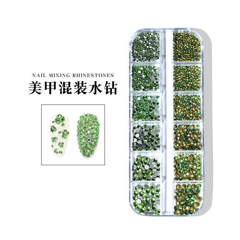 跨境美甲玻璃水钻超闪彩色白色平底钻AB尖底大小混装钻饰12格盒装详情10