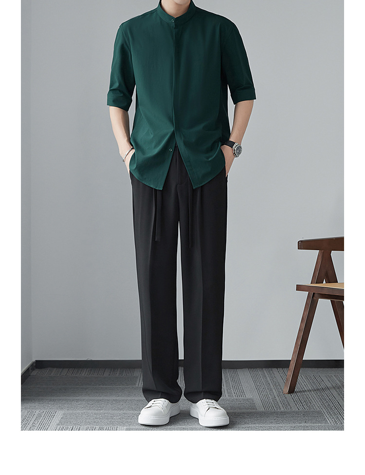 新中式立领中袖衬衫男夏季新款小众冰丝衬衣高级感垂感五分袖寸衫详情8