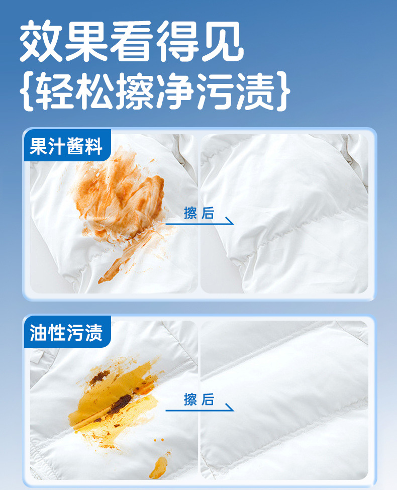 羽绒服湿巾衣物去污渍家用清洁免洗干洗油渍擦拭便携湿纸巾清洁剂详情6