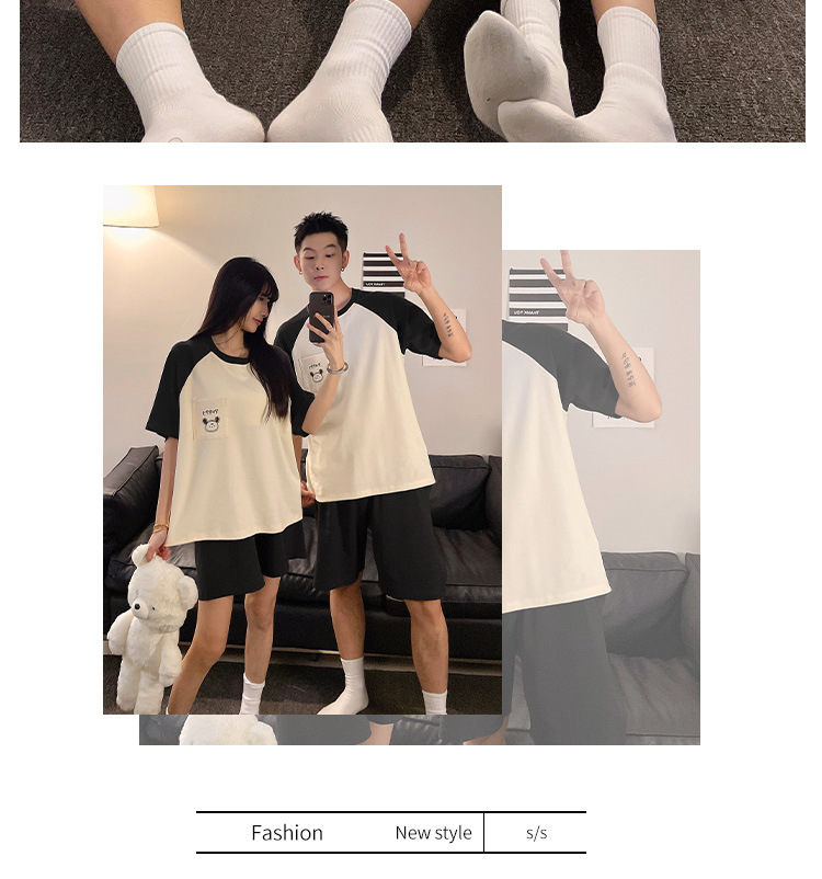 Spring and summer couple short-sleeved pajamas, women with chest pads, cartoon student home wear sets, shorts, stripes, 2025 pic 10
