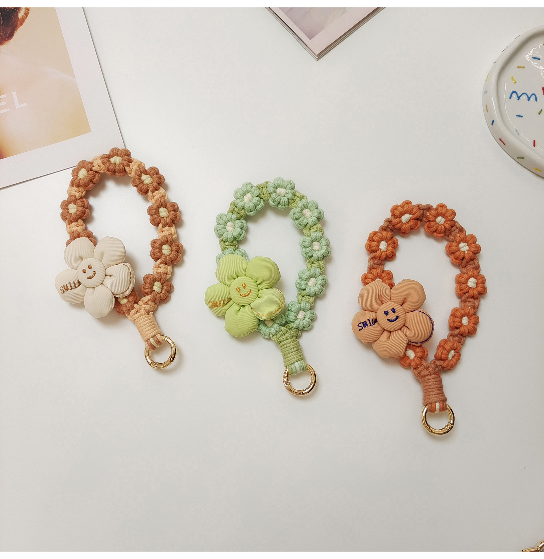日韩可爱手工编织花朵钥匙扣手机挂件立体花花手腕挂绳手作礼品女详情4