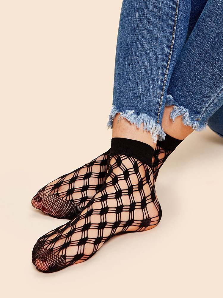 罗口-三线格短网袜8011