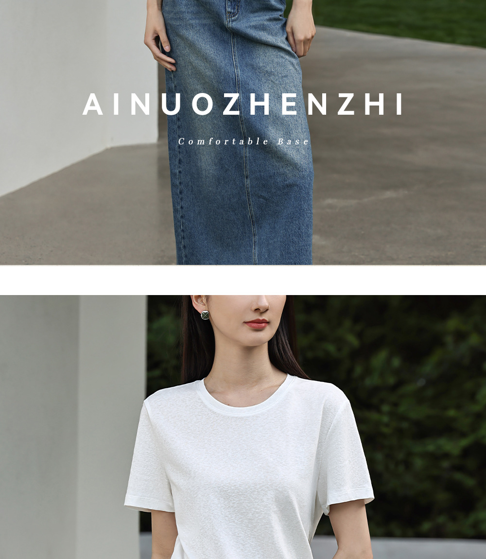 纯色棉亚麻圆领T恤女式春夏季薄款宽松上衣正肩显瘦套头休闲短袖详情21
