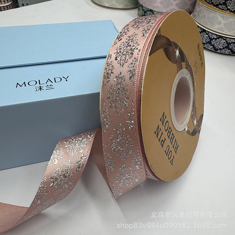 2.5cm图腾镭射烫银丝带吧唧托手工diy彩带鲜花礼品包装蝴蝶结织带详情13