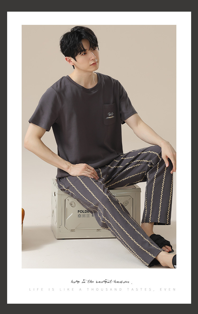 Summer pure cotton pajamas for men, cartoon casual short-sleeved shirts and long pants, pure cotton comfortable home wear, summer youth student set pic 175