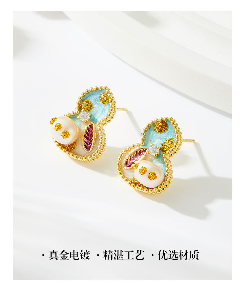 国潮招财葫芦耳钉铜真金电镀蓝白渐变滴油淡水珍珠s925银针女耳饰详情7