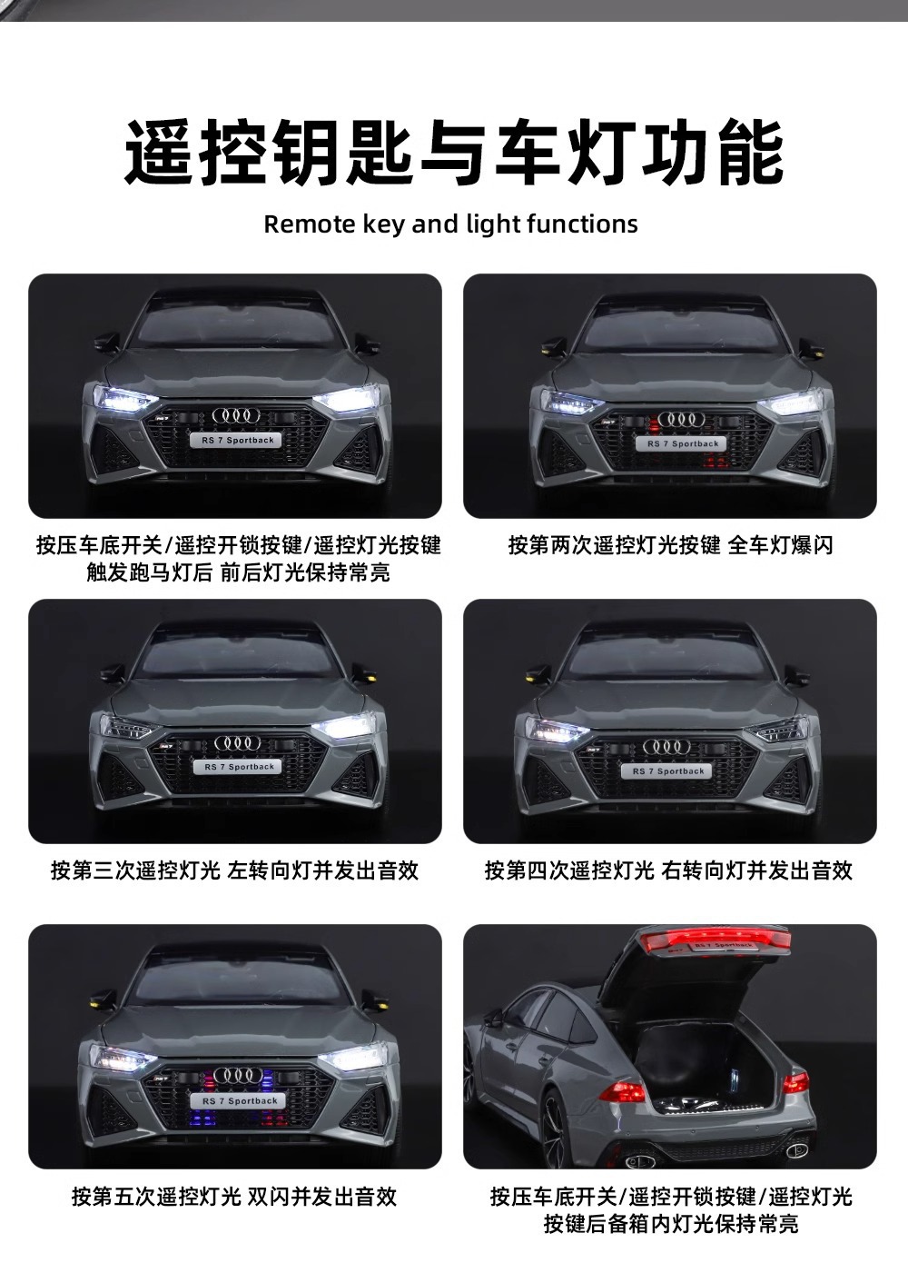 Official authorized 1:18 Audi RS7 alloy sound and light Rebound car six-door model Toy car model, boy gift car model pic 17