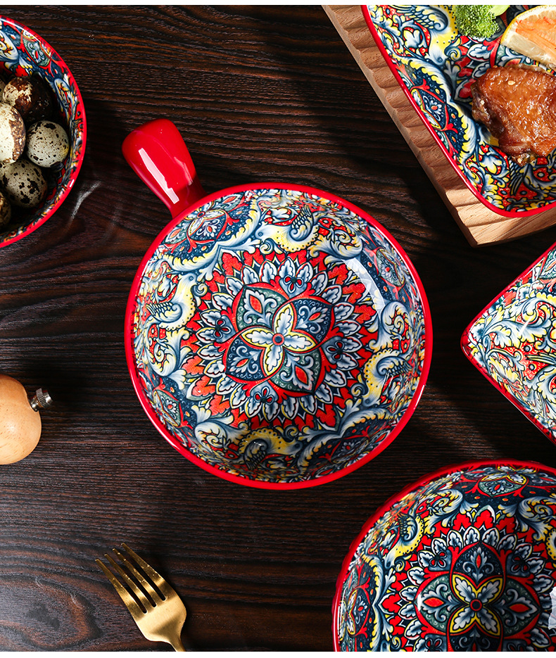波西米亚风深红波异域釉下彩盘子手柄盘饭碗树纹汤碗陶瓷餐具套装详情12