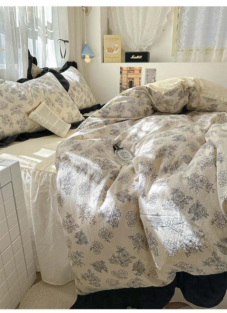 French romantic princess-style lace washed cotton four-piece set, small floral skin-friendly quilt cover, dormitory three-piece set, bed skirt style pic 27