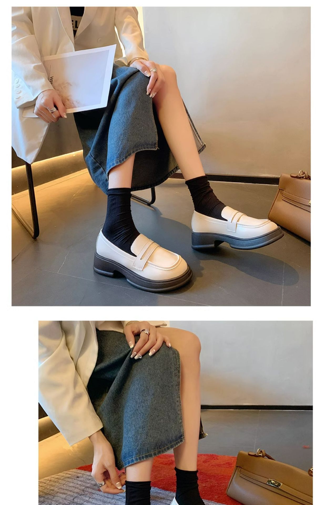 The new 2024 autumn collection of Japanese-style small leather shoes for women features a black thick-soled loafer with a British style, paired with a single jk uniform shoe pic 10