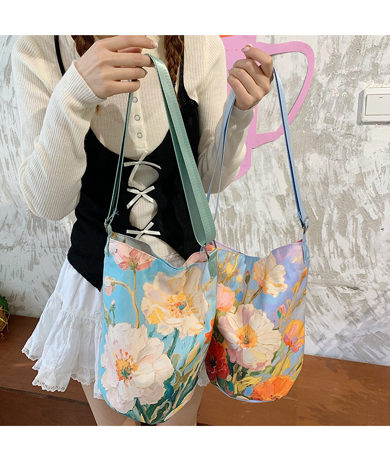 大容量国风印花水桶包女创意花卉个性手提单肩包设计感休闲斜挎包详情27