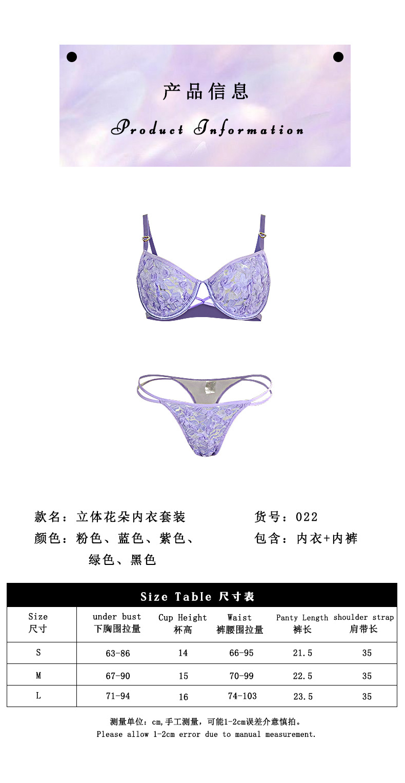 Sexy three-dimensional lace lingerie set for foreign trade, multi-color memory soft steel ring bra and T pants two-piece set JR022 pic 2