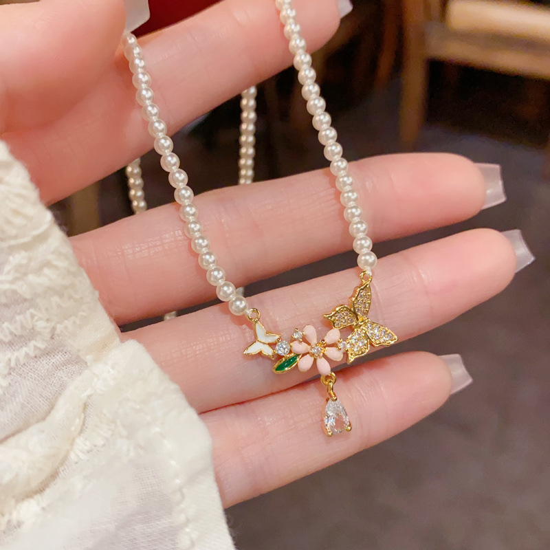 Spring new style, fashionable and sweet zircon butterfly pendant pearl necklace, exquisite and versatile, super fairy necklace pic 4