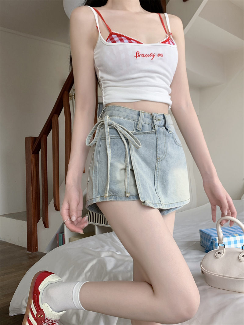 假两件牛仔短裤女夏季A字高腰不规则洋气绑带裙裤小个子辣妹裤子详情10