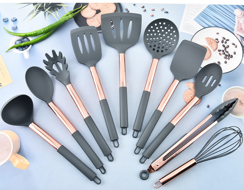 Kitchen knife set, silicone kitchenware, rose gold 18-piece set, cooking knife storage bucket, wooden handle silicone kitchenware set pic 20