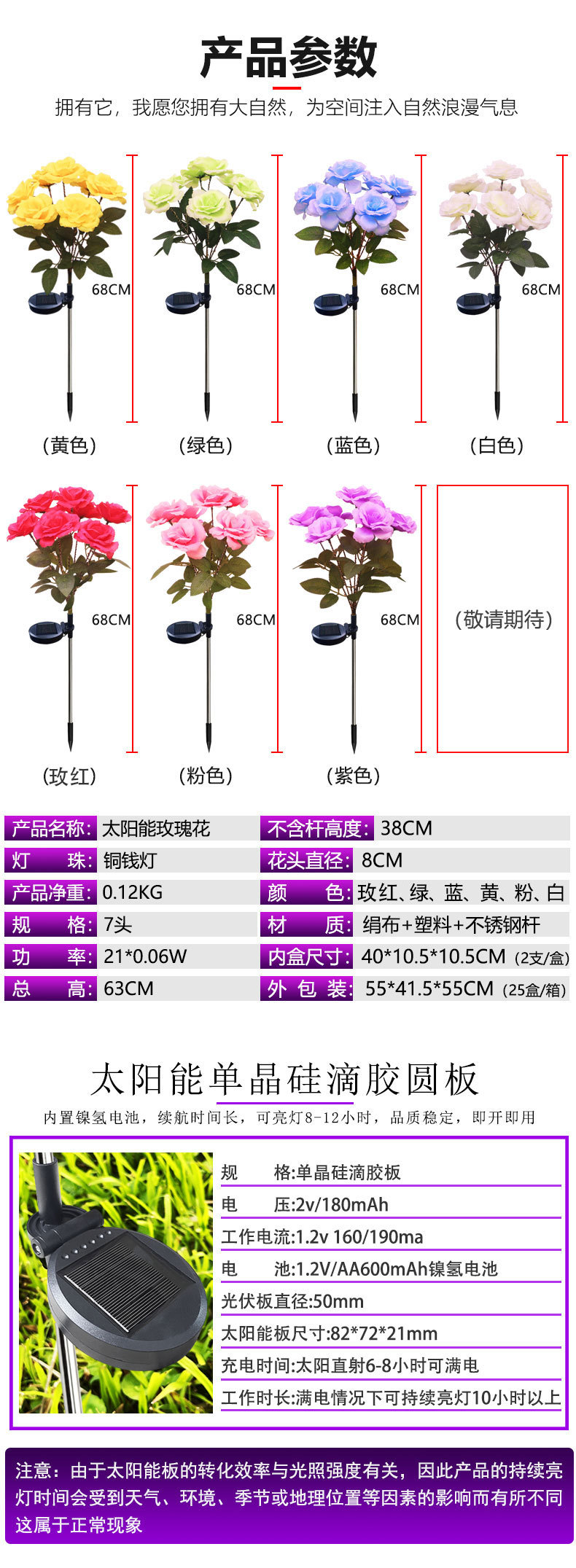 跨境热销led7头玫瑰花灯太阳能灯 户外防水发光塑料景观庭院装饰详情7