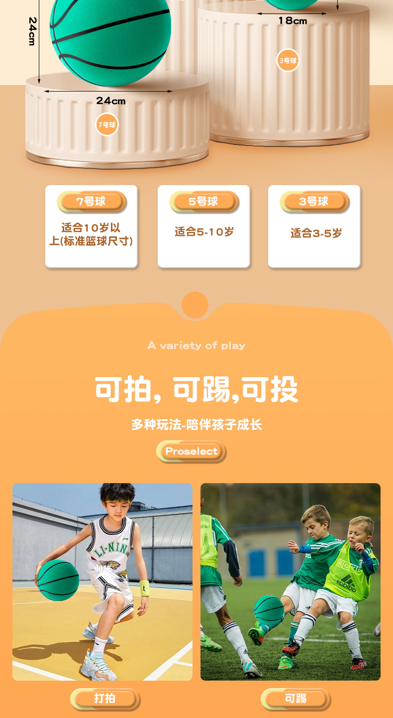 厂家直销高弹力静音篮球 儿童室内训练海绵小皮球 解压耐玩拍拍球详情17