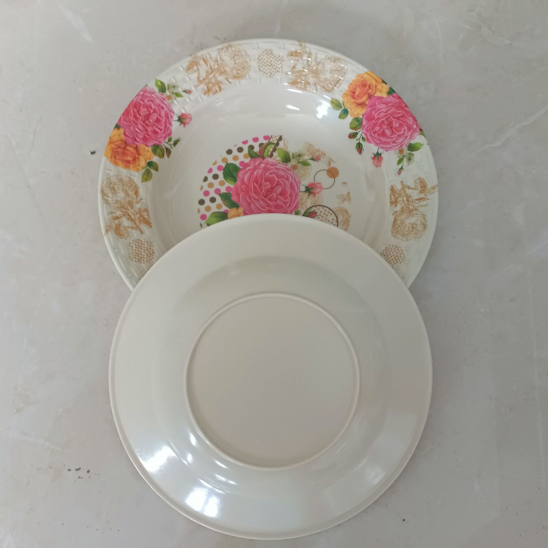 新款9寸10寸竹编盘印花美耐皿塑料圆盘外贸出口密胺餐具详情7