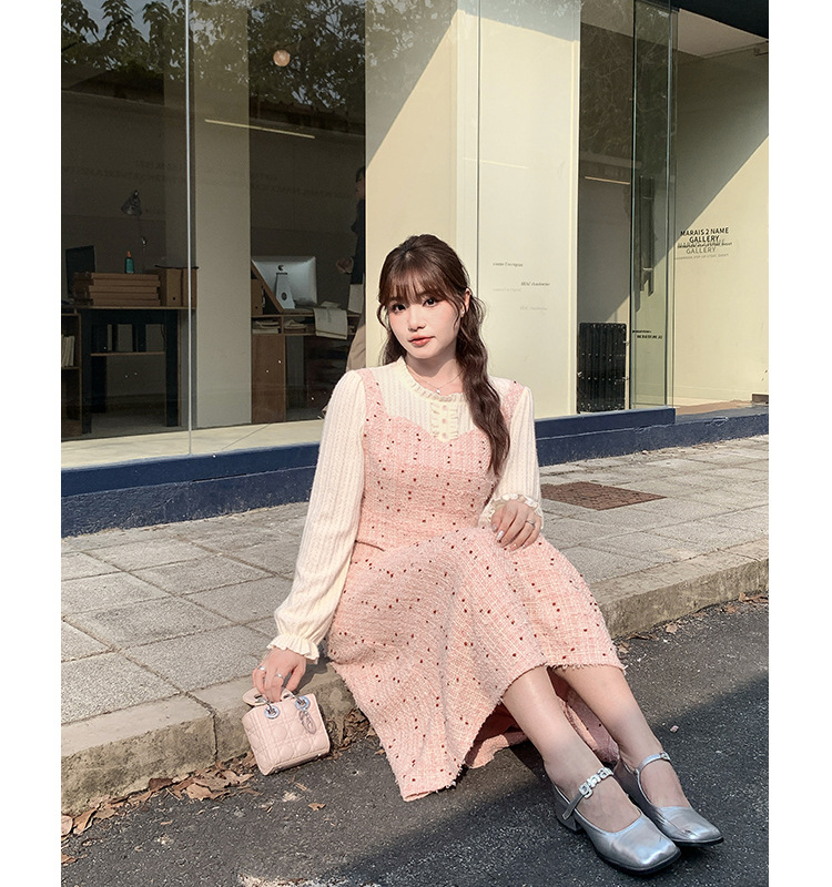法式假两件小香风千金连衣裙春季胖mm大码女装高腰显瘦裙子65122详情12