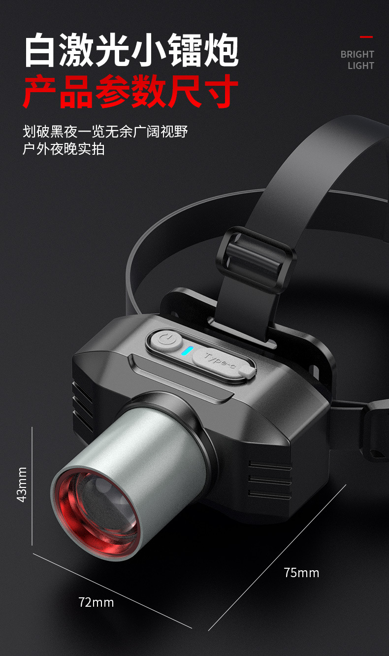 跨境强光头灯高亮激光变焦白黄双光源头灯USB充电长续航夜钓头灯详情16