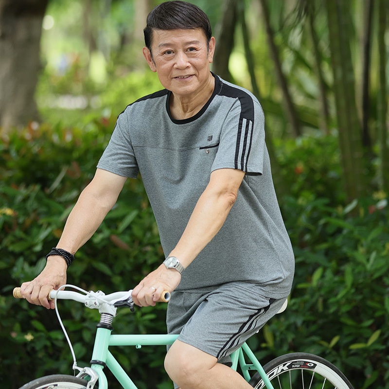 夏季中老年圆领宽松爸爸装短袖棉T恤运动套装男老人薄款衣服批发详情20