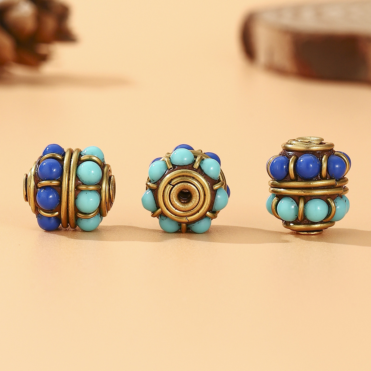 Nepalese bead heavy industry, Tibetan style, retro handcrafted bead, barrel bead, brass, blue turquoise DIY jewelry pic 5