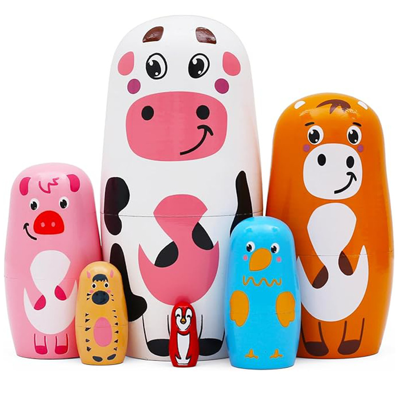 俄罗斯套娃卡通可爱6层镶嵌娃娃创意小奶牛木质摆件礼物跨境热销详情1
