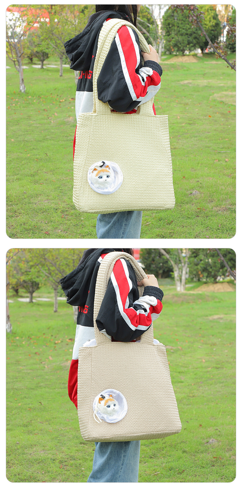 Rongka Pet Cross-border Personalized Knitted Fabric single-hole handbag, creative portable pet bag for going out, personalized breathable single-shoulder cat bag, pet bag pic 10