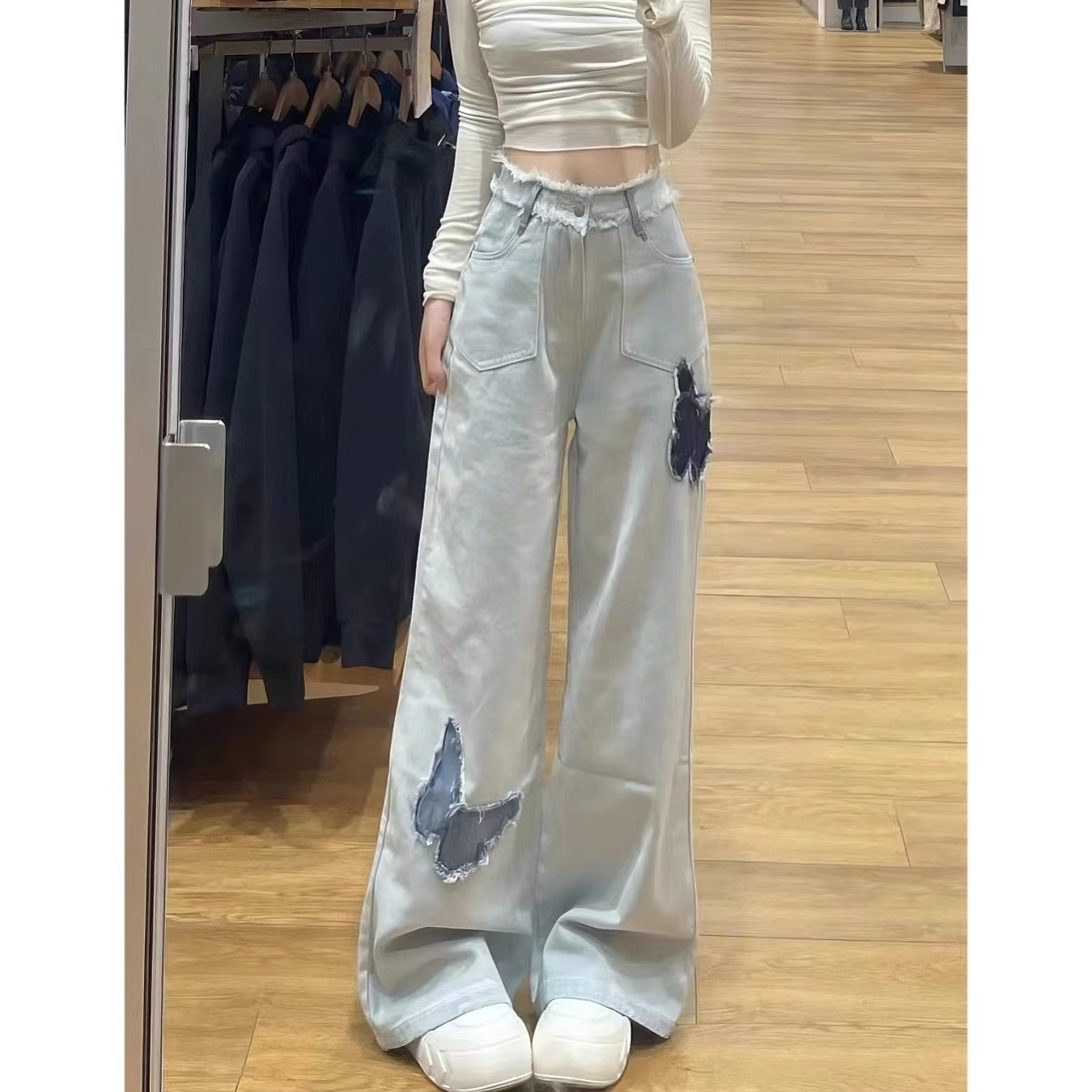 Light blue fringed butterfly straight-leg jeans for women, new autumn style with embroidered design, high-waisted loose, slimming wide-leg pants pic 15