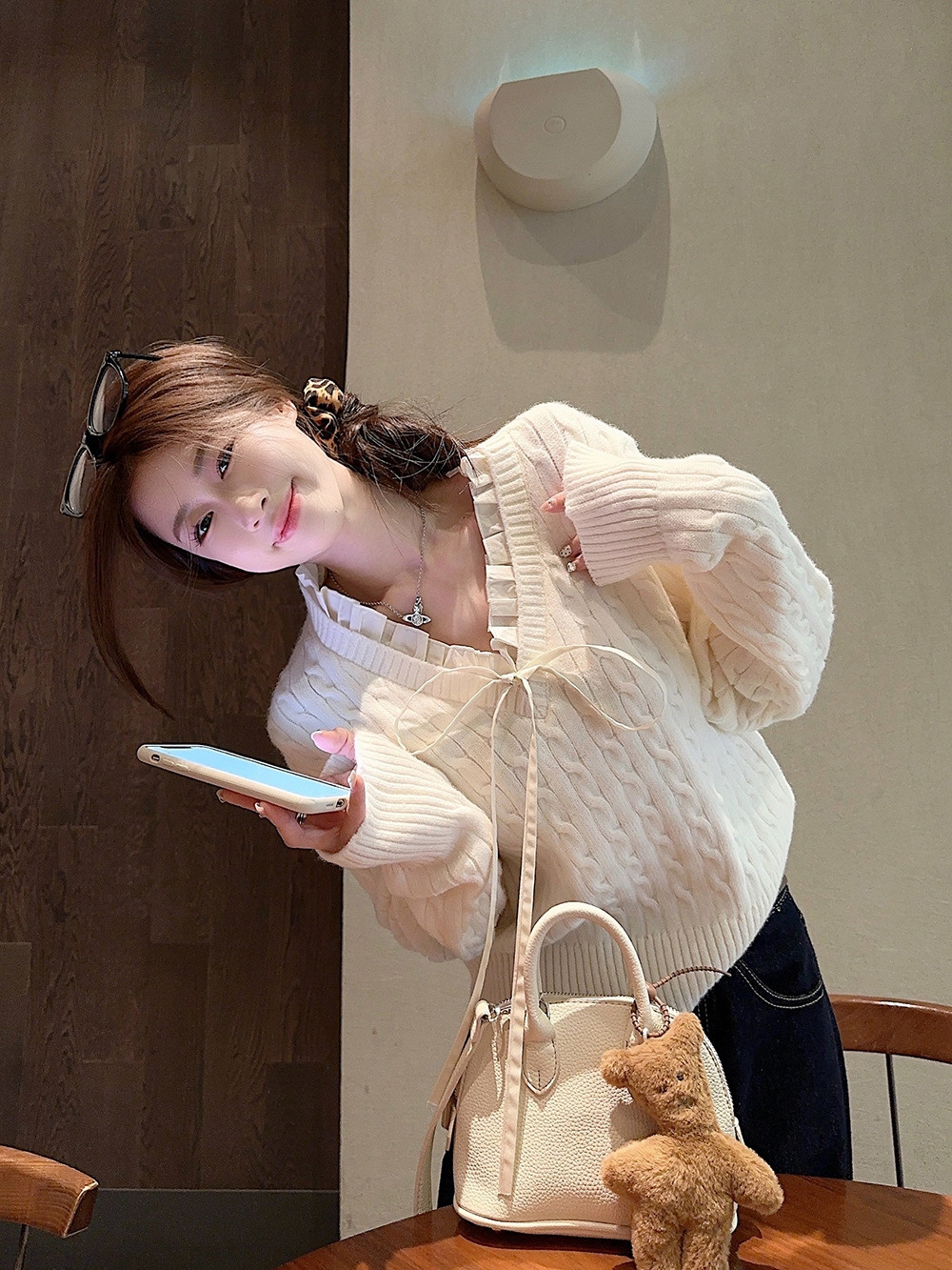 韩系学院风设计感假两件长袖毛衣针织衫女冬季蓝色温柔风修身上衣详情22