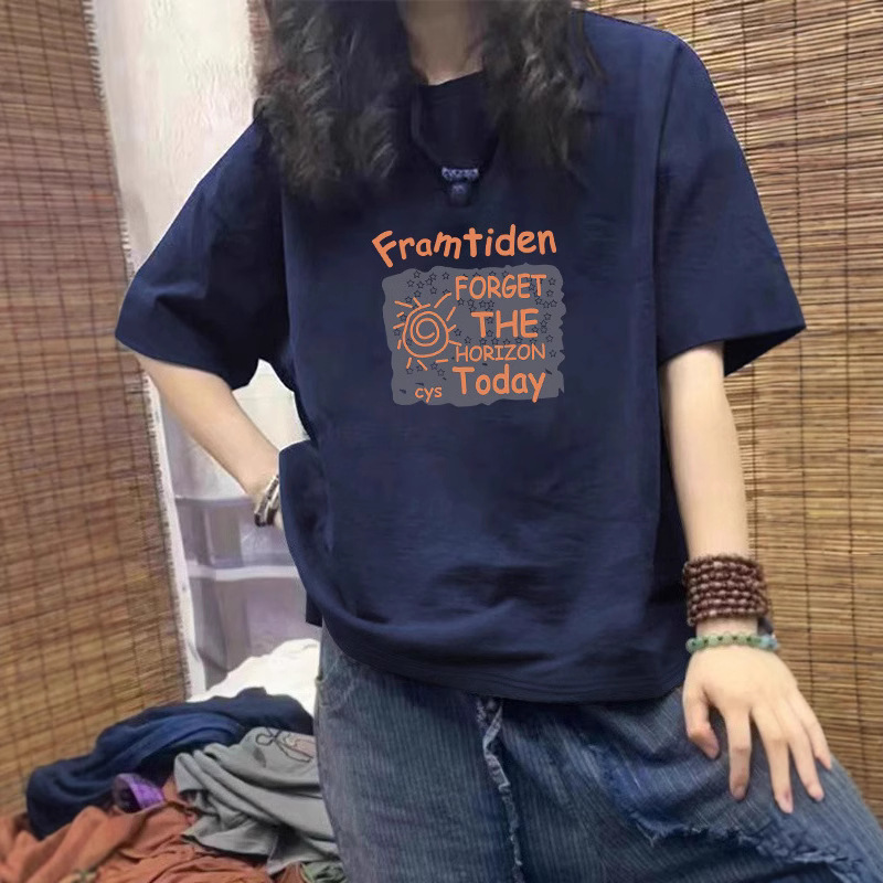 夏季新款纯棉藏青色短袖T恤女大码宽松ins高街个性显瘦打底衫上衣详情2