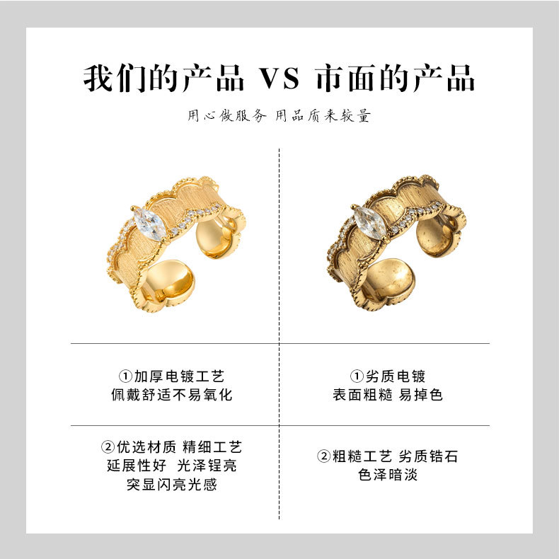 源头工厂复古重工宽版拉丝开口戒指铜合金真金电镀镶锆可调节指环详情12