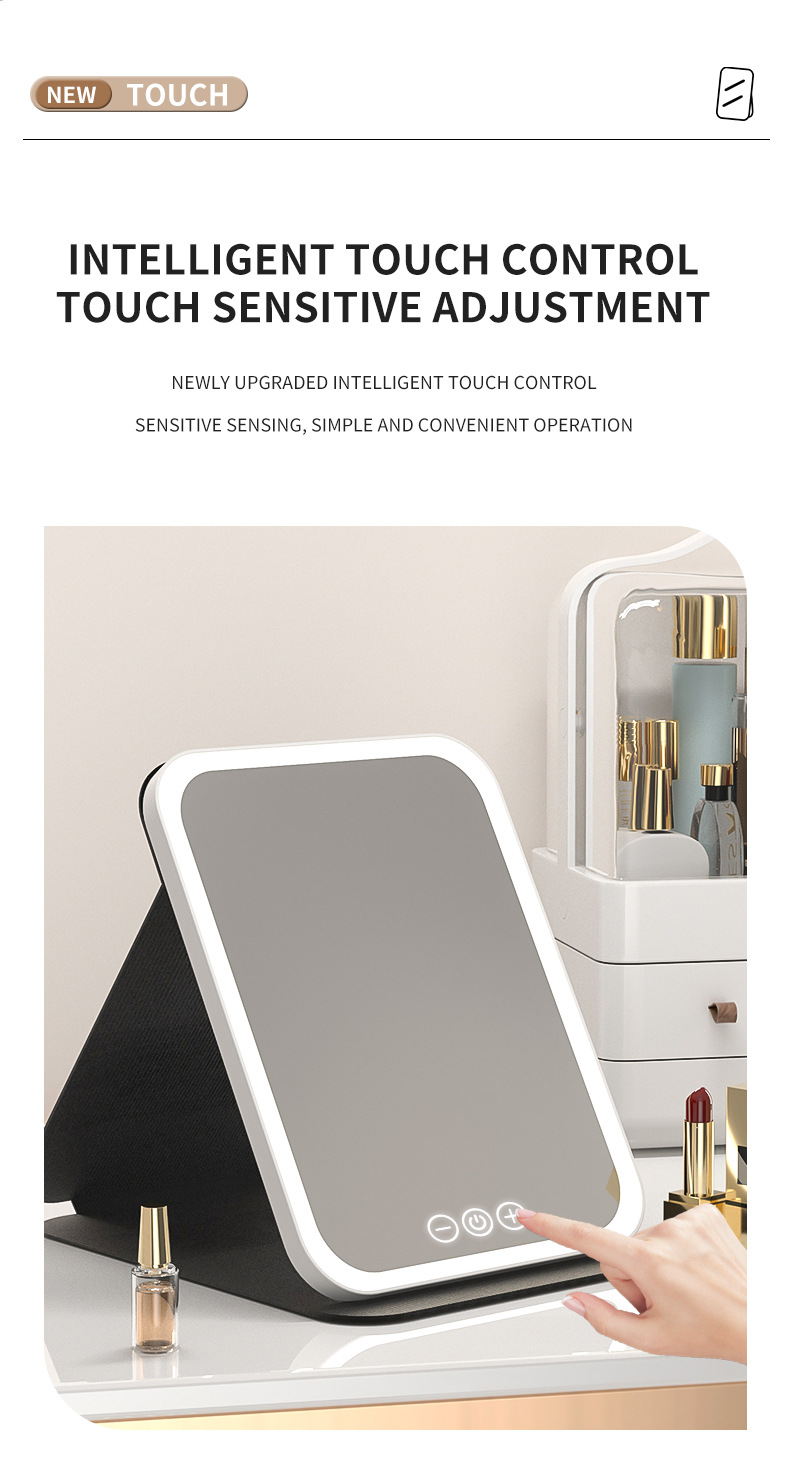 跨境爆款led化妆镜随身便携可折叠带灯充电梳妆镜桌面补光皮壳镜详情9
