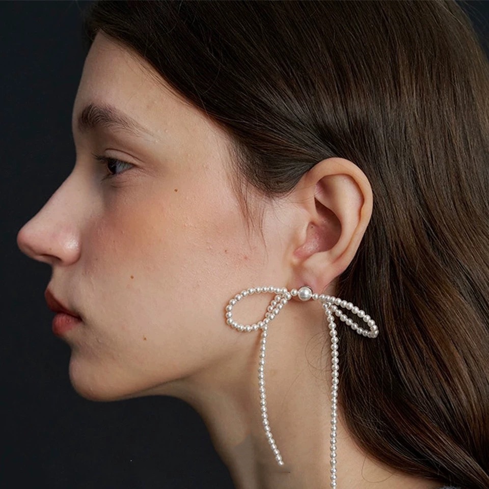 秋冬新手工编织款珍珠蝴蝶结耳钉女s925银针气质小众设计流苏耳环详情1