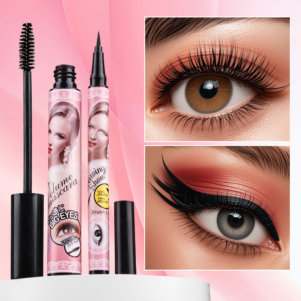 Cross-border makeup QICIY mascara + eyeliner pen, waterproof, thick, slender, curly silicone brush head, three-dimensional and natural pic 2
