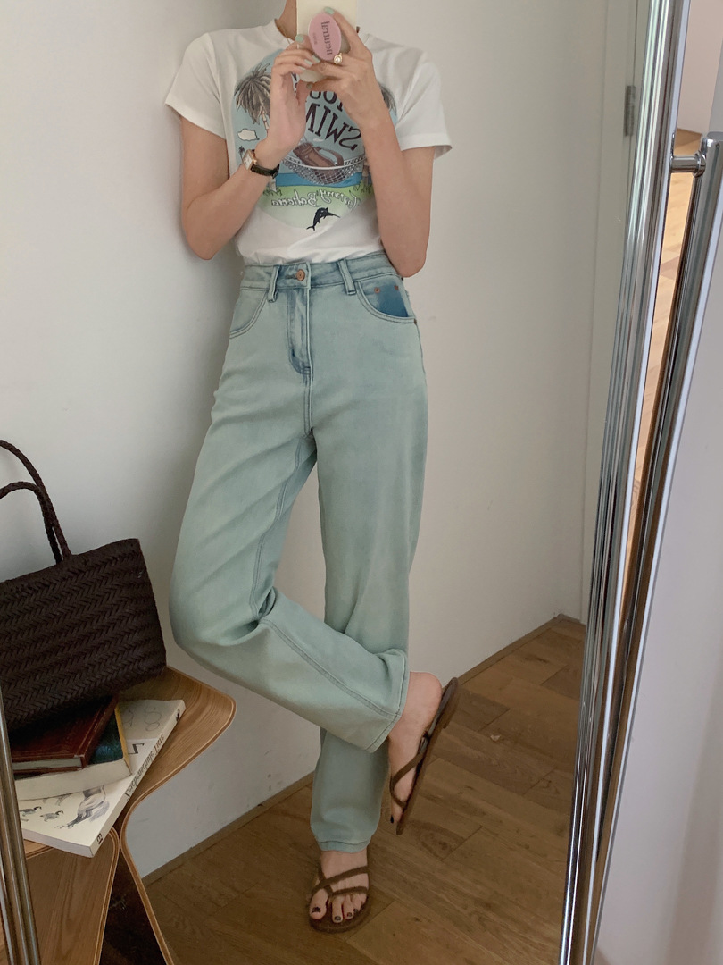 GAGD 海盐蓝窄版直筒牛仔裤女 夏日限定色复古做旧直筒牛仔烟管裤详情14