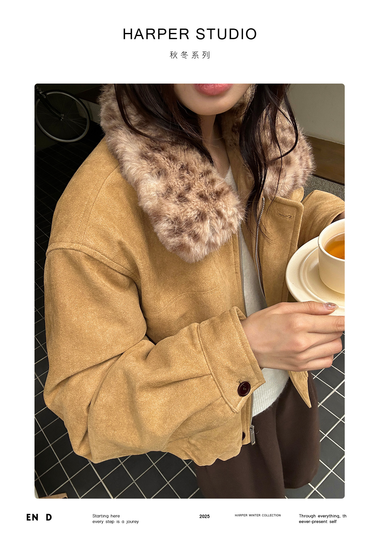 高级感麂皮拉链短款外套女冬季新款豹纹毛毛领宽松百搭保暖大衣详情1