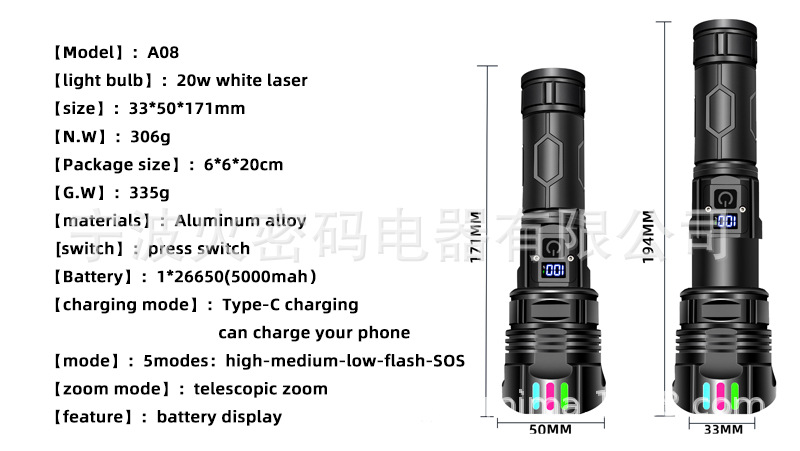跨境新款热卖强光数显手电筒户外充电超亮调焦应急防身家用手电详情3