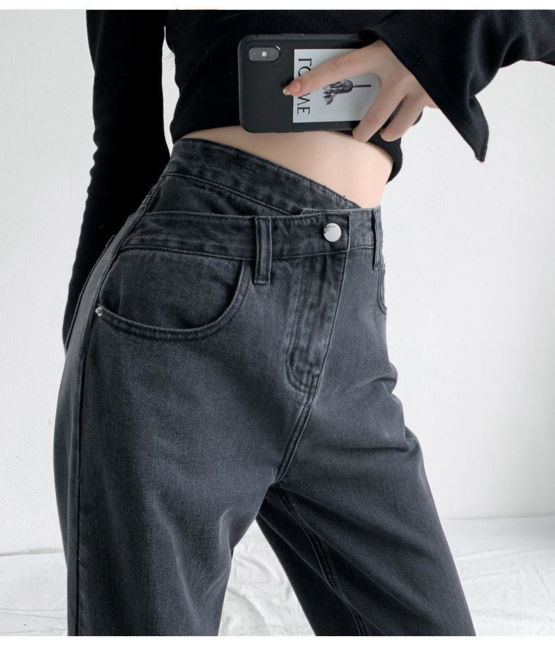 Irregular loose straight-leg jeans are versatile for women. Regular slanted high-waisted pants that make you look petite. Wide-leg floor-length pants pic 17