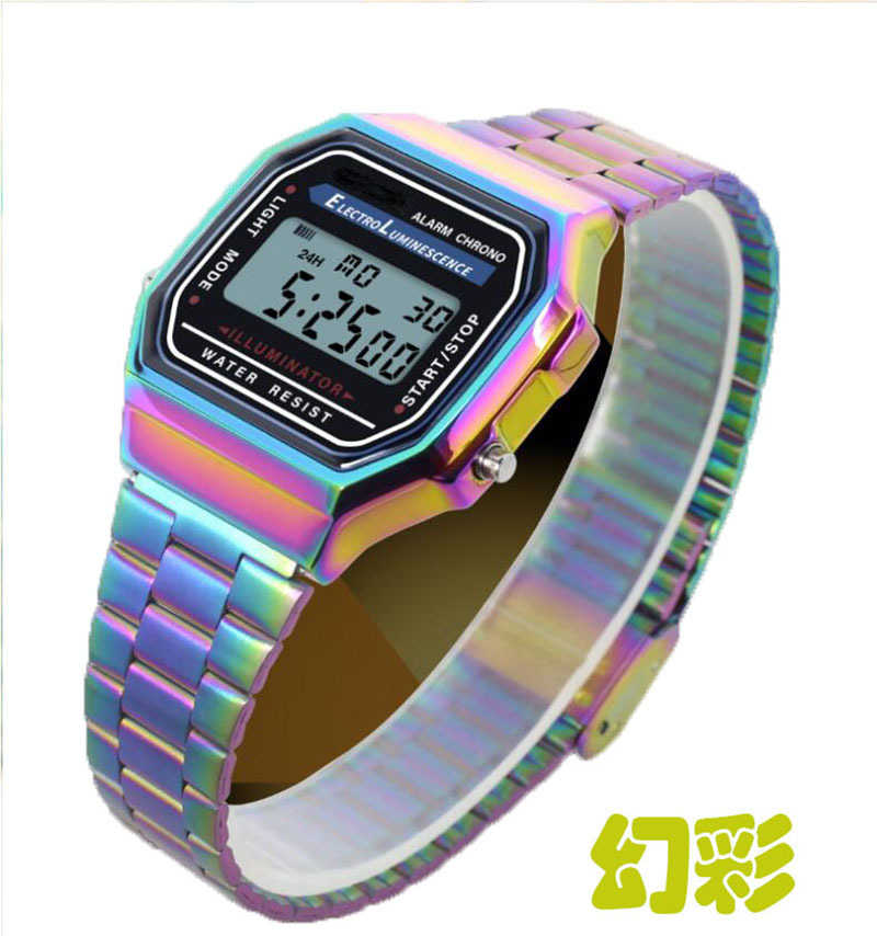 The best-selling retro digital display alarm clock with color lights, multi-functional sports student electronic watch, Cold Light F-91W pic 5