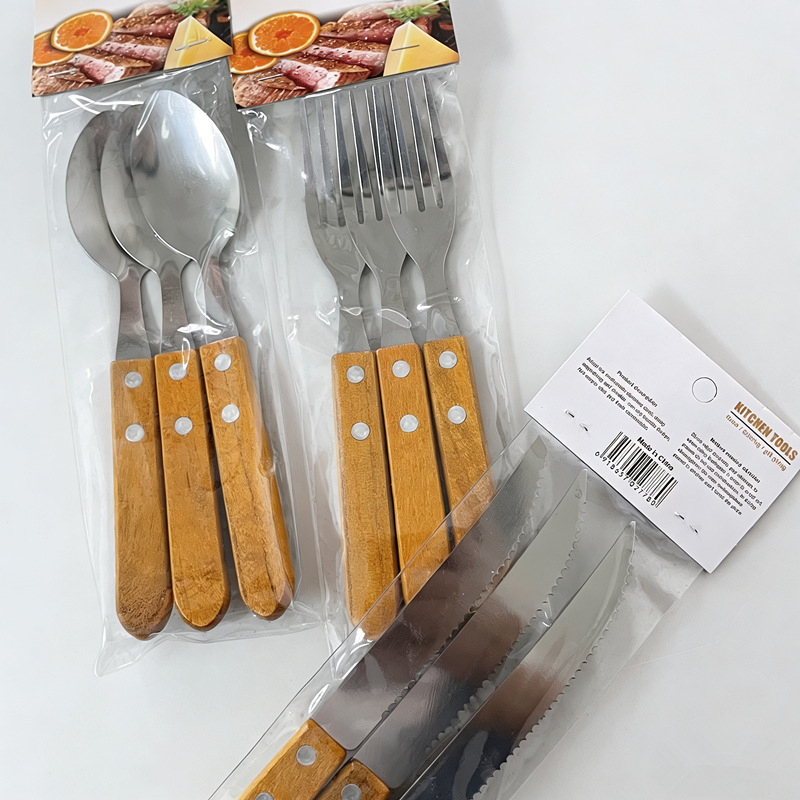 外贸不锈钢西餐刀叉勺6pc套装 木柄牛排刀叉子套装 3pc西餐具批发详情3