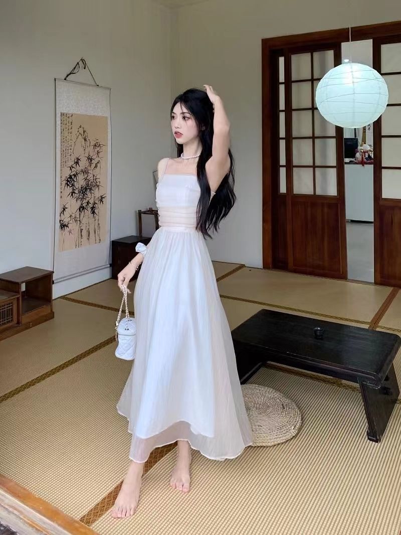 女装法式白色吊带长裙夏新款2024气质收腰显瘦纯色礼服超仙连衣裙详情23