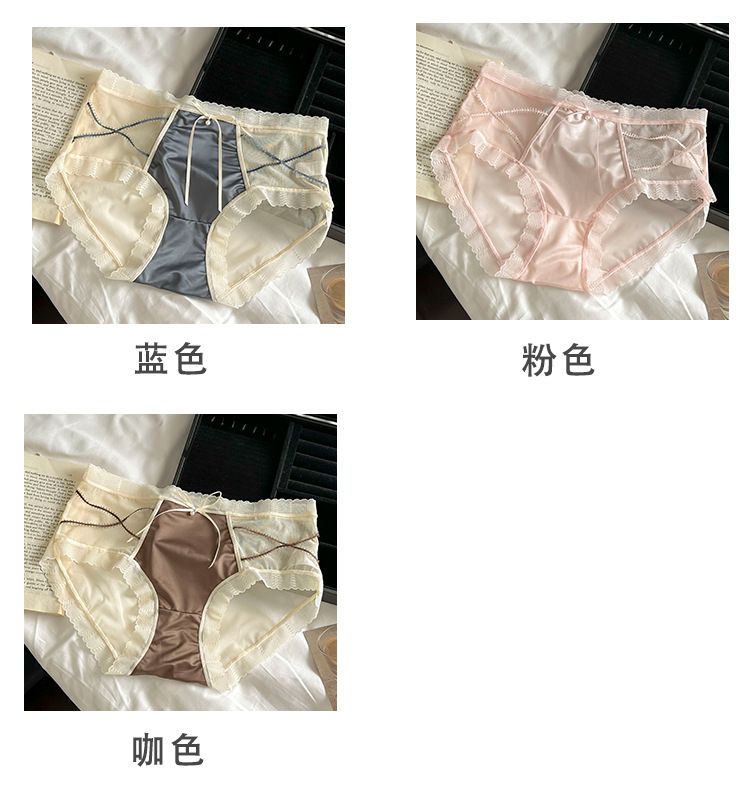 复古交叉绑带半透蕾丝内裤女生纯欲性感舒适桑蚕丝抑菌三角裤女士详情7