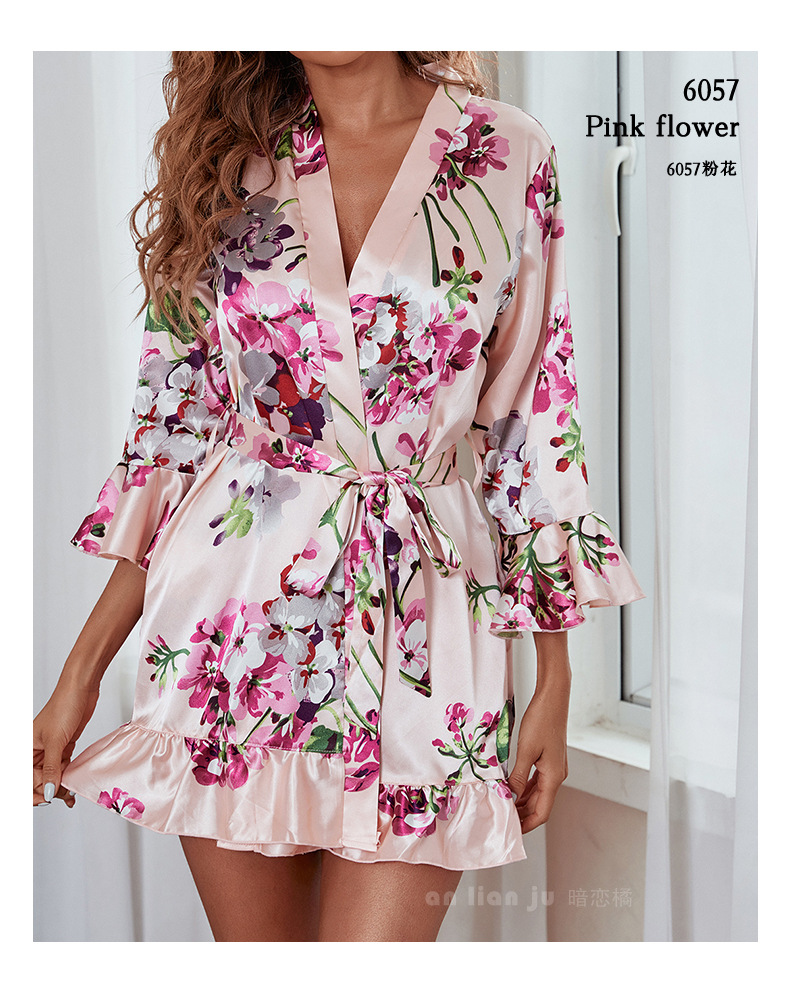 Amazon cross-border Sardinian printed leaf-edge pajamas for women, summer silk bathrobes and bathrobes for home wear 6057 pic 19