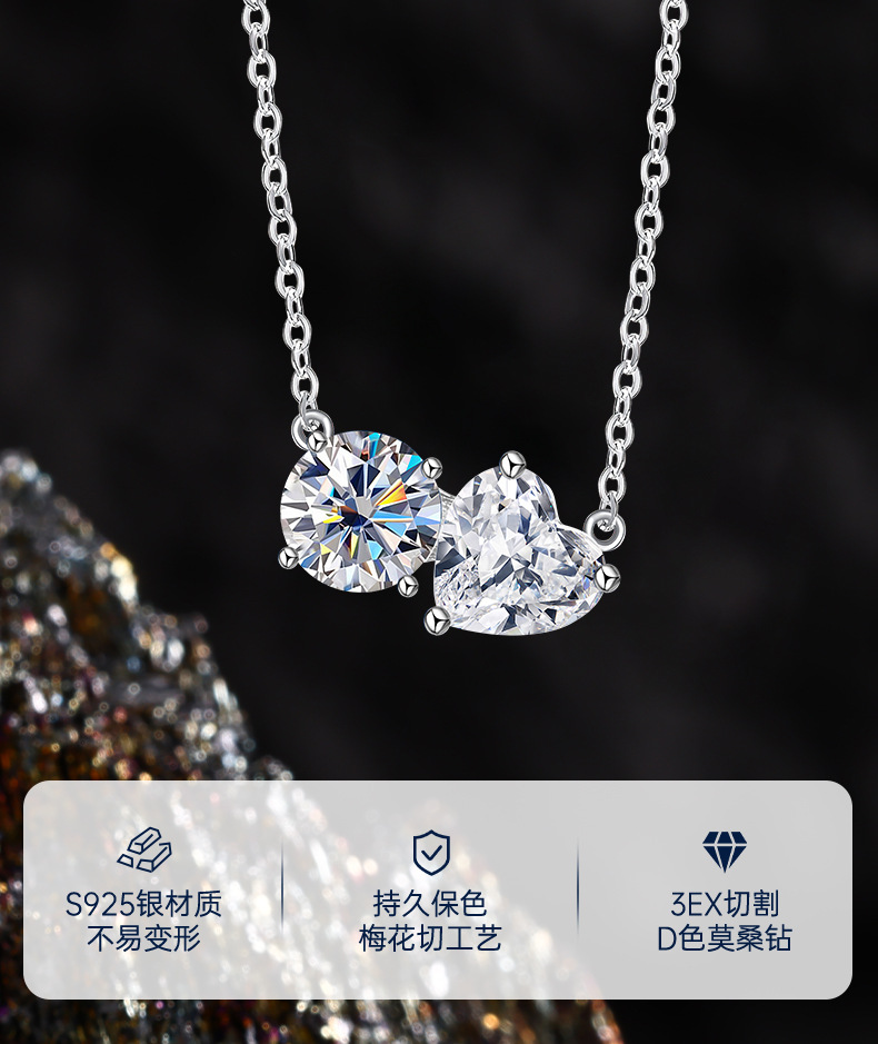 Wholesale of the new Korean version S925 sterling silver necklace for women with double heart Moissan-inlaid exquisite and personalized design pic 2