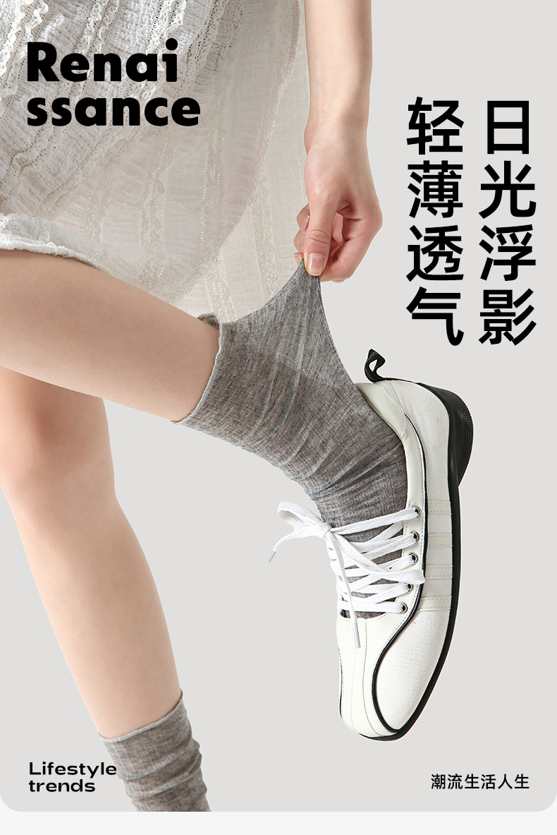Renaissance女袜薄款透气网纱透明中筒日系春夏蕾丝花边堆堆长袜详情1